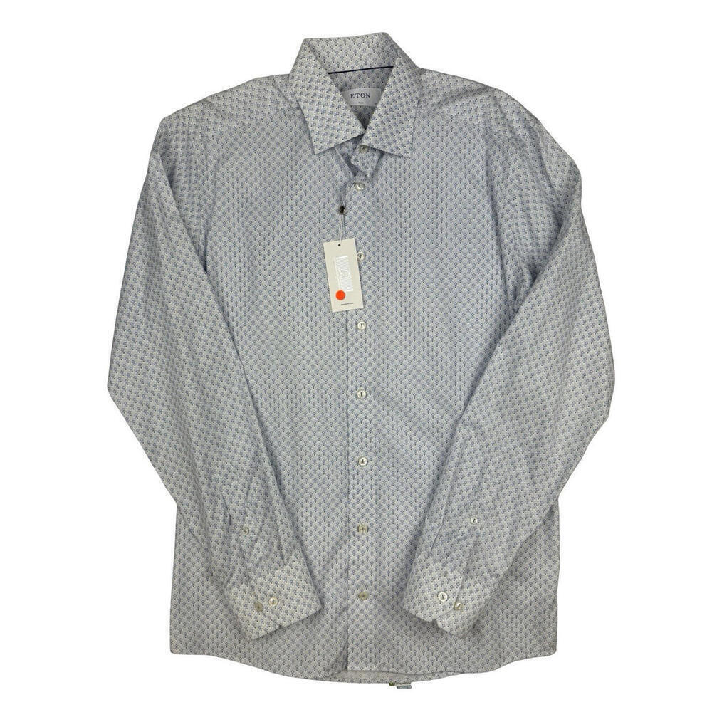 Eton Slim Fit Poplin Dress Shirt Geometric Cotton Blue White Size 42 | 16.5